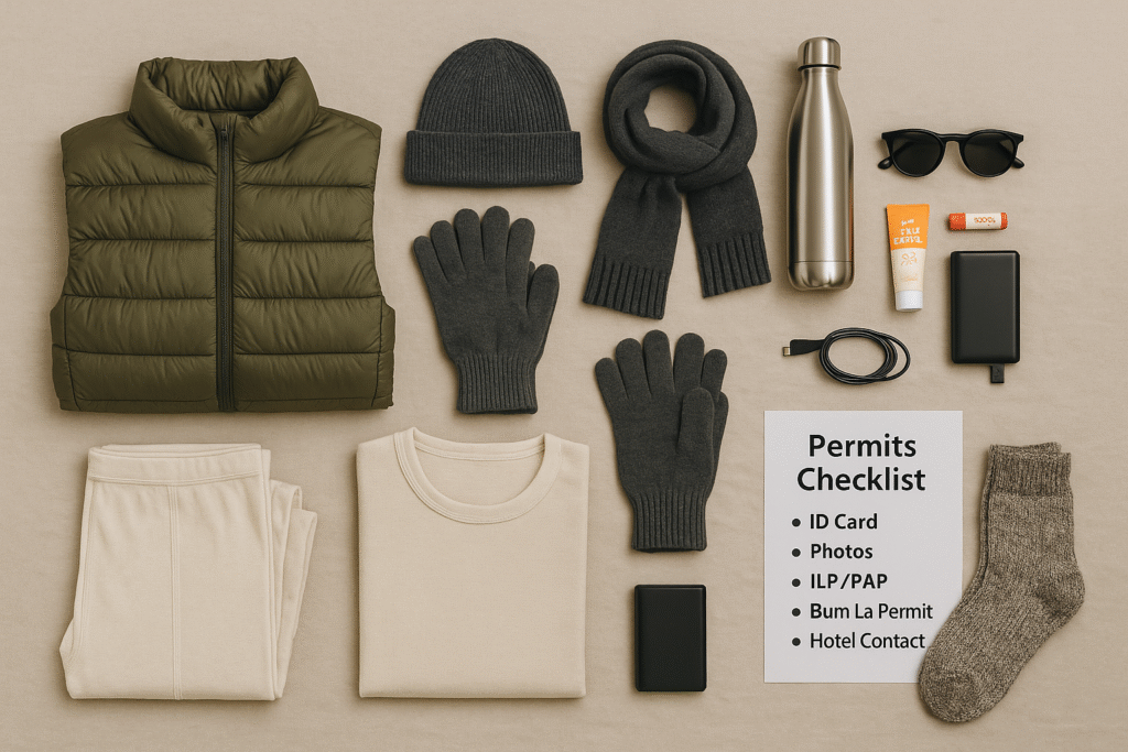 Flat-lay of winter layers, gloves, and cap prepared for a Tawang trip.