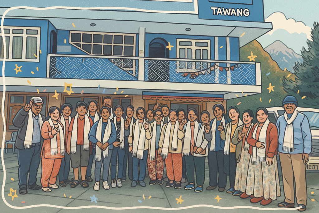 Anime-style doodled group portrait from a Tawang group tour, happy travellers lined up in front of a blue lodge.